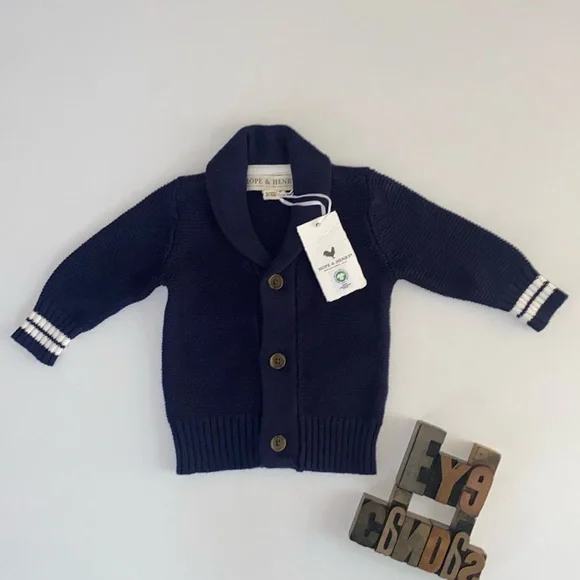 🆕HOPE & HENRY Infant Organic Navy Shawl Collar/Elbow Patches Cardigan Sweater - Picture 3 of 10